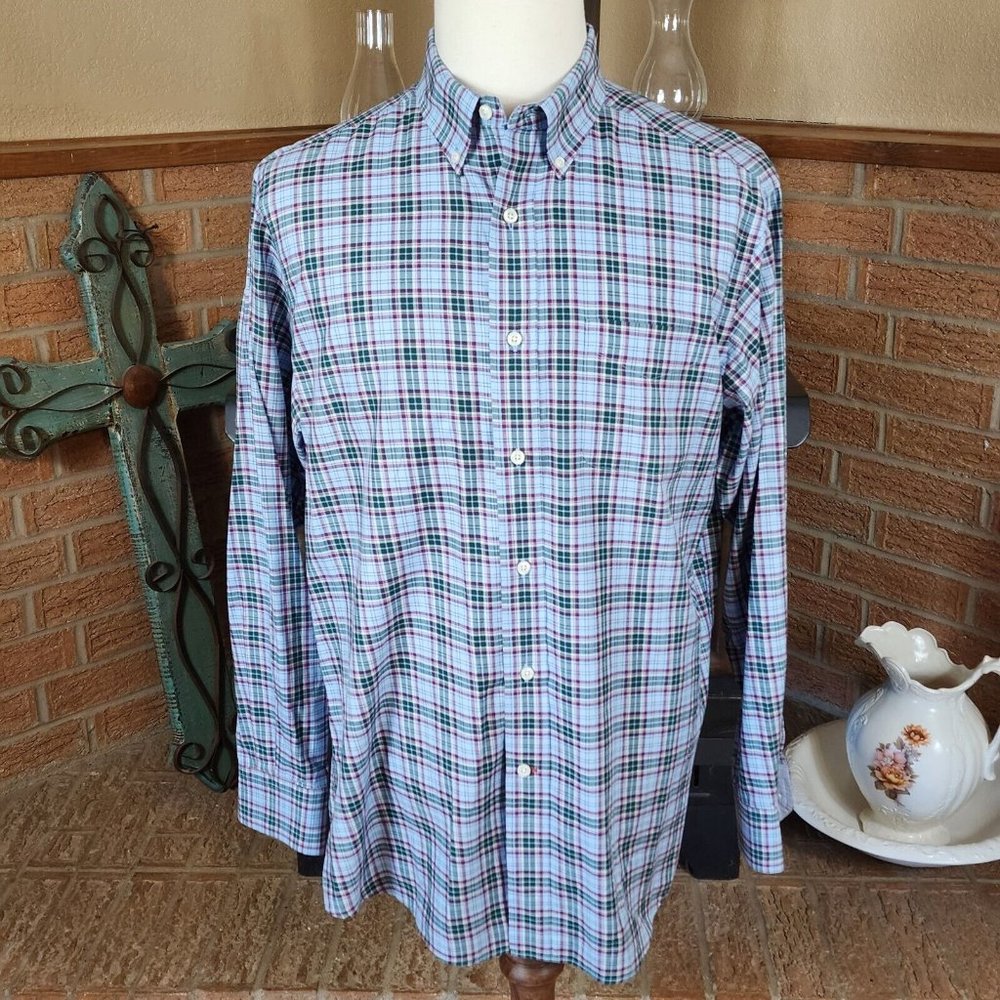 Cremieux Classics Blue Green and Red Plaid Button Down Shirt Size L